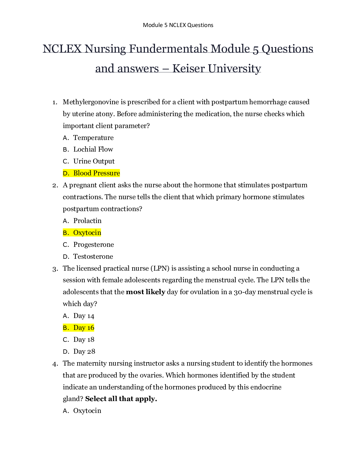 Preview image for NCLEX Nursing Fundermentals Module 5 Questions and answers – Keiser University | NCLEX Nursing Fundermentals Module 5 Questions and answers